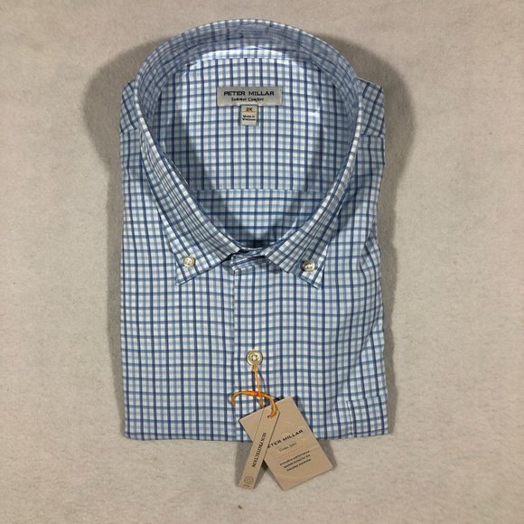 NEW Peter Millar Mens 2X Summer Comfort Plaid Dress Shirt Blue Crown Sport Sun